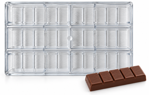 110g five-piece ribbed polycarbonate chocolate bar mold with six cavities in three rows of two and a matching chocolate bar with five ribbed panels in one row.