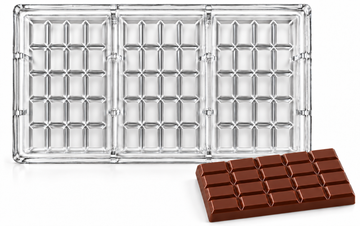 135g 20-piece polycarbonate chocolate bar mold with three upright cavities, each in five rows of four, and a matching twenty-piece chocolate bar.