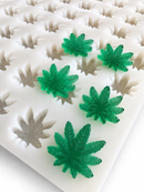 Detailed 2.73mL cannabis leaf candy mold with translucent emerald green leaf gummies