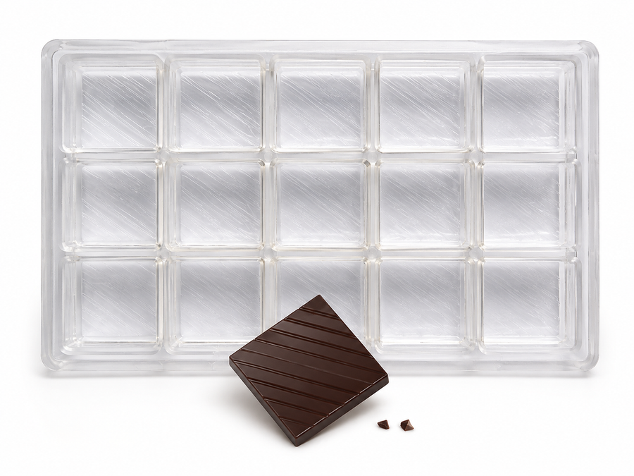 28g square polycarbonate chocolate mold with 15 cavities and finished ridged chocolate square