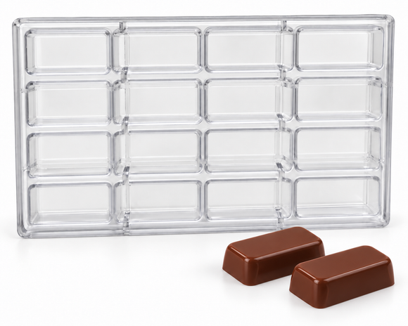 31g smooth rectangle polycarbonate chocolate bar mold with 16 cavities in a four-by-four layout and two matching unsegmented chocolate bars.