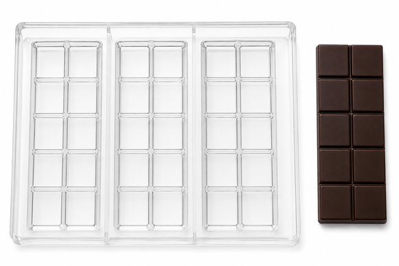 46g 10-piece polycarbonate chocolate bar mold with 3 vertical bar cavities and finished 2 by 5 segmented chocolate bar