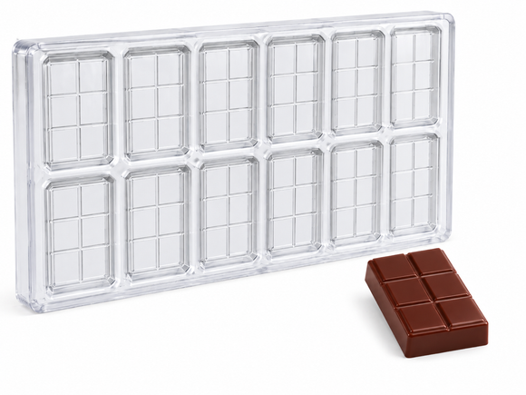 48g 6-piece polycarbonate chocolate bar mold with 12 cavities and finished 2 by 3 segmented chocolate bar