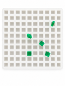 Top view of 4mL Square Gummy Mold - 100 Cavities in a 10 by 10 layout with translucent emerald green square gummies on a white background