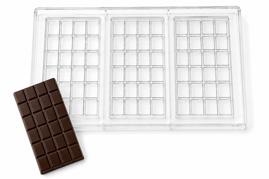 70g 24-piece polycarbonate chocolate bar mold with 3 vertical bar cavities and finished 4 by 6 segmented chocolate bar
