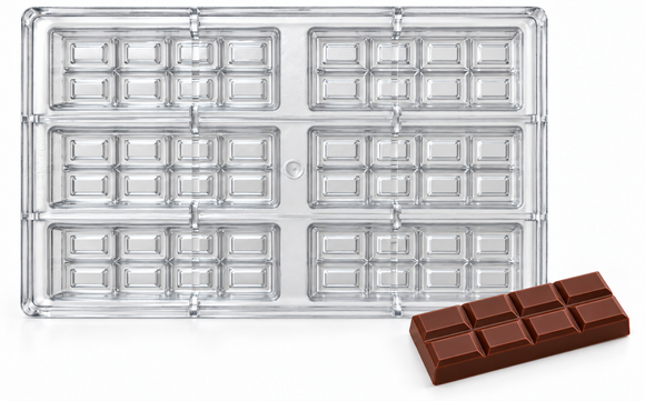 80g eight-piece polycarbonate chocolate bar mold with six cavities in three rows of two and a matching chocolate bar with two rows of four segments.