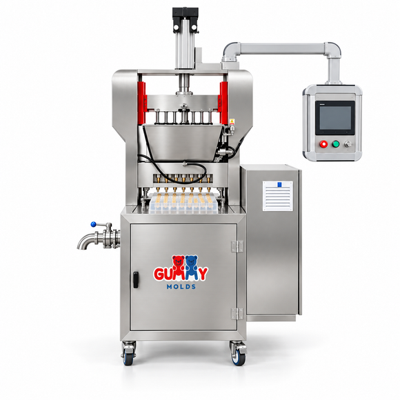 Front view of Gummy Molds dual-hopper automatic commercial gummy depositor for two-color and center-filled gummy production